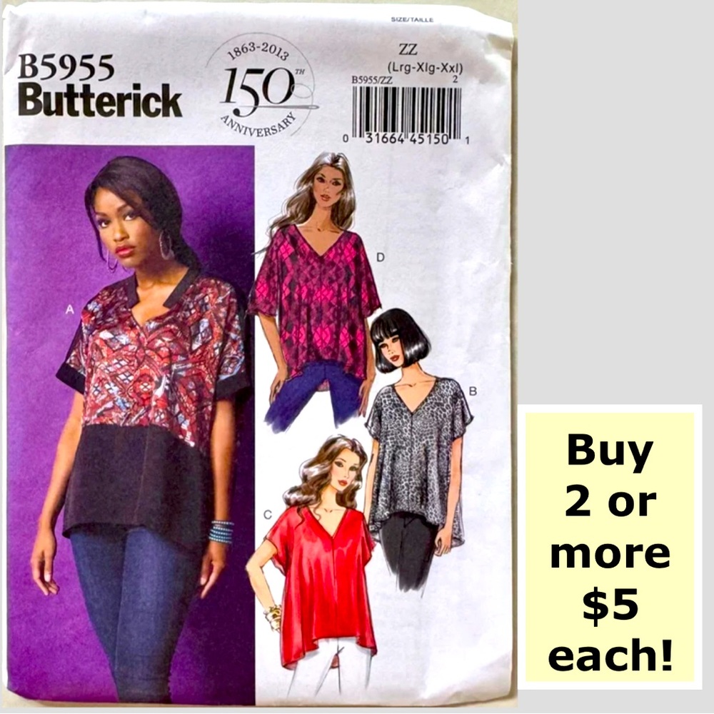 Butterick B5955 Top Uncut Sewing Pattern Misses’ LRG-XLG-XXL